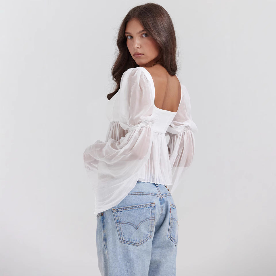 Damen Cropped Bluse mit Puffärmeln Drune