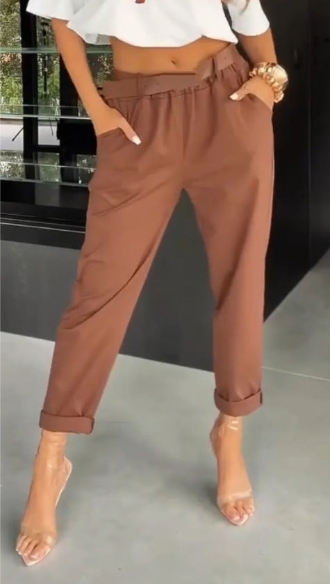 Damen nan hochtaillierte Paperbag-Hose mit gerafftem Bund, Eingrifftaschen und gekrempeltem Saum Drune