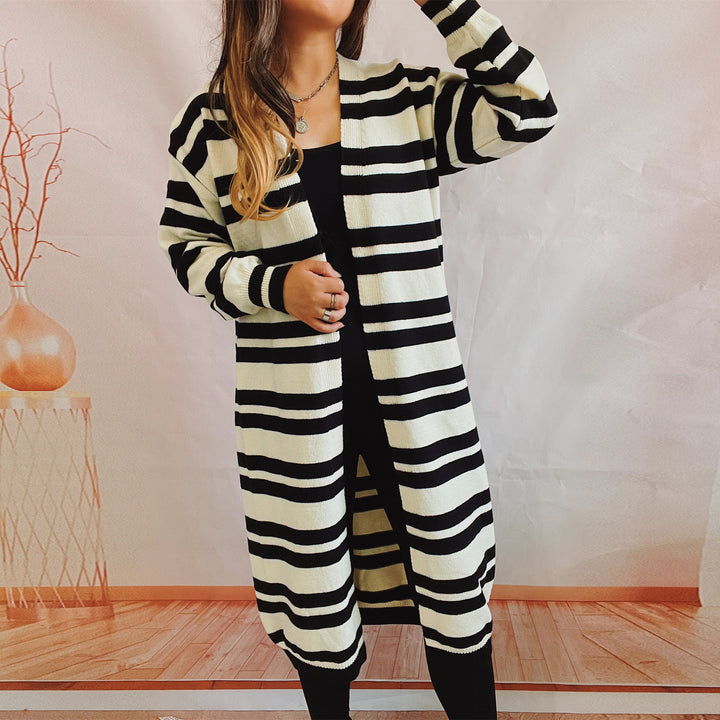 Damen lange gestreifte Strickjacke mit offenem Schnitt Drune