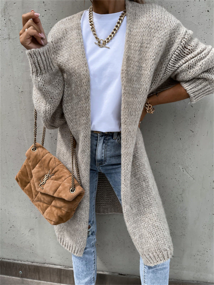 Damen Grobstrick Cardigan mit offener Vorderseite und lässigen Ärmeln Drune