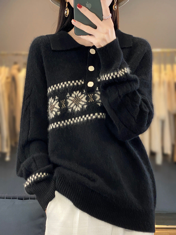 Damen Oversize-Polokragen-Strickpullover mit Norweger‑Motiv und Raglanärmeln Drune