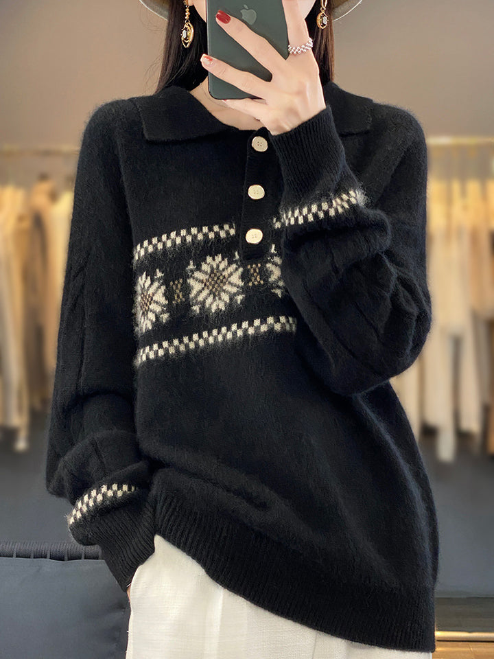 Damen Oversize-Polokragen-Strickpullover mit Norweger‑Motiv und Raglanärmeln Drune