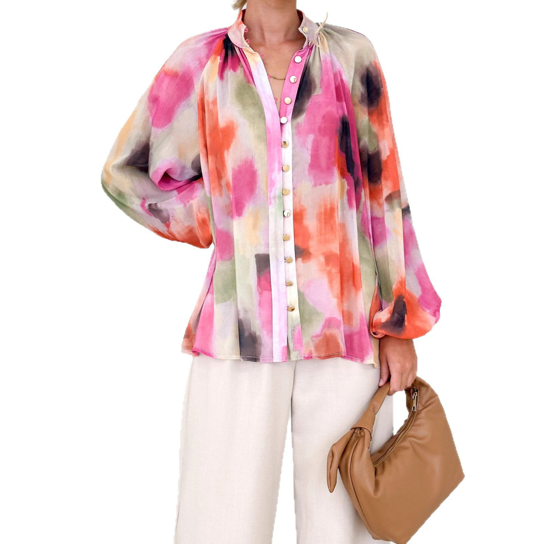 Damen nan Chiffon-Bluse mit Aquarell-Print, Stehkragen, verdeckter Knopfleiste und Ballonärmeln Drune