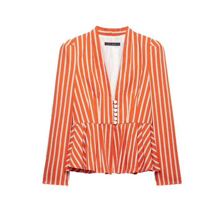 Damen Gestreifte taillierte Peplum‑Jacke mit V‑Ausschnitt und Zierknöpfen Drune