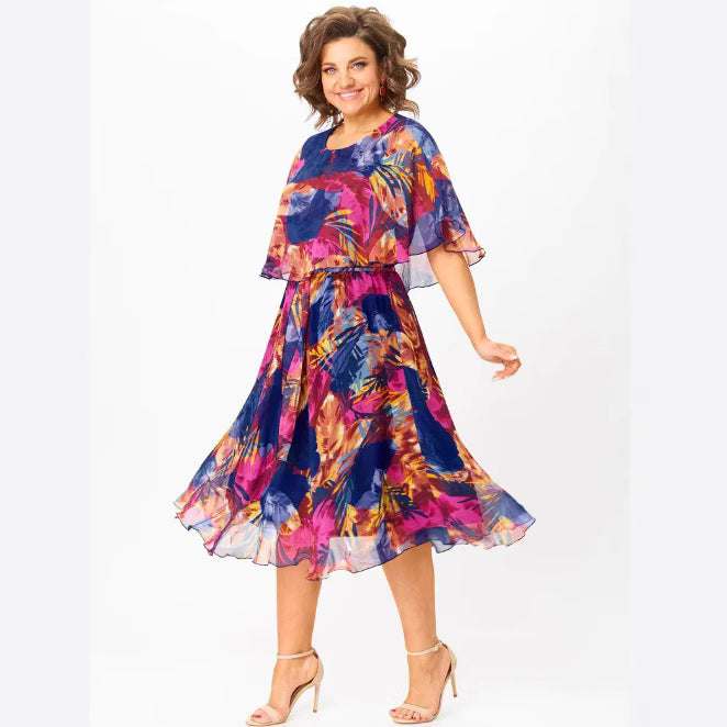 Damen Chiffon Midi Kleid mit capa Ärmeln und elastischem Taillenbund Drune