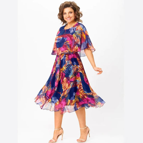 Damen Chiffon Midi Kleid mit capa Ärmeln und elastischem Taillenbund Drune