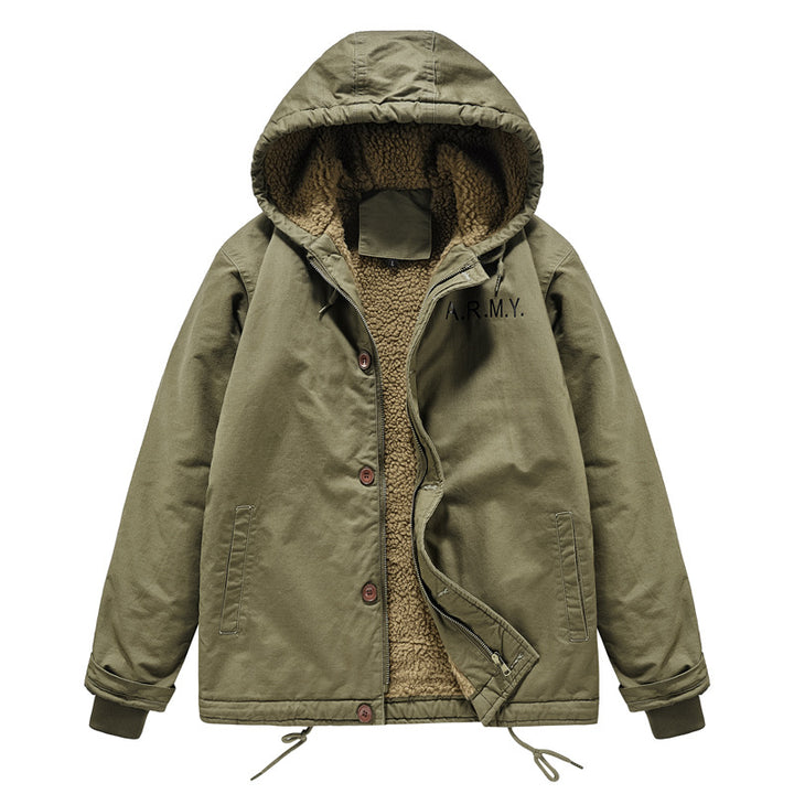 Herren nan gefütterte Fieldjacke mit Kapuze, Teddyfutter, verdeckter Reißverschluss und Kordelzug Drune