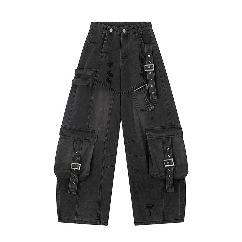 Damen weite Jeans-Cargo-Culotte mit taktischen Taschen, Gurtapplikationen und Used-Details Drune