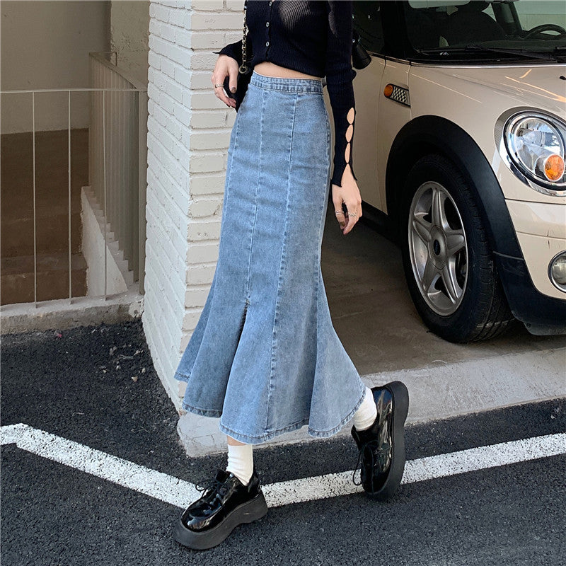 Damen Flared Denim-Rock mit hohem Schlitz Drune
