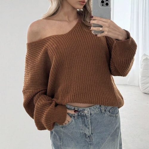 Damen Cropped Oversize Strickpullover mit asymmetrischem Off-Shoulder und voluminösen Ärmeln Drune