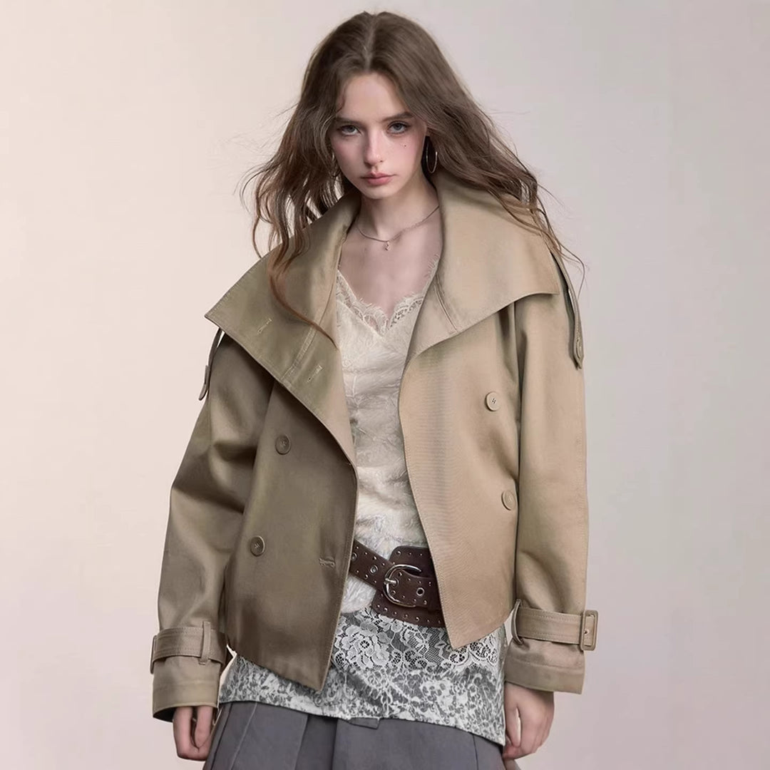 Damen Oversized Doppelreihige Trench-Bomberjacke mit hohem Stehkragen Drune