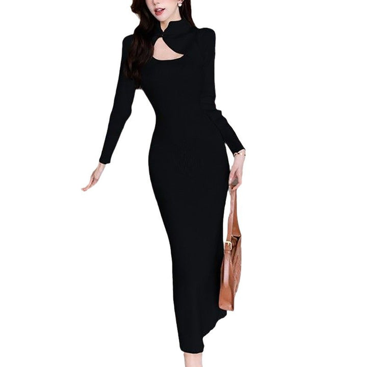 Damen elegantes Midikleid mit asymmetrischem Cut-Out-Design und strukturiertem Strick
