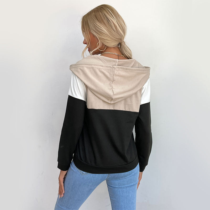 Damen Kapuzenpullover mit halbem Reißverschluss, Colorblock‑Design und Tunnelzug Drune