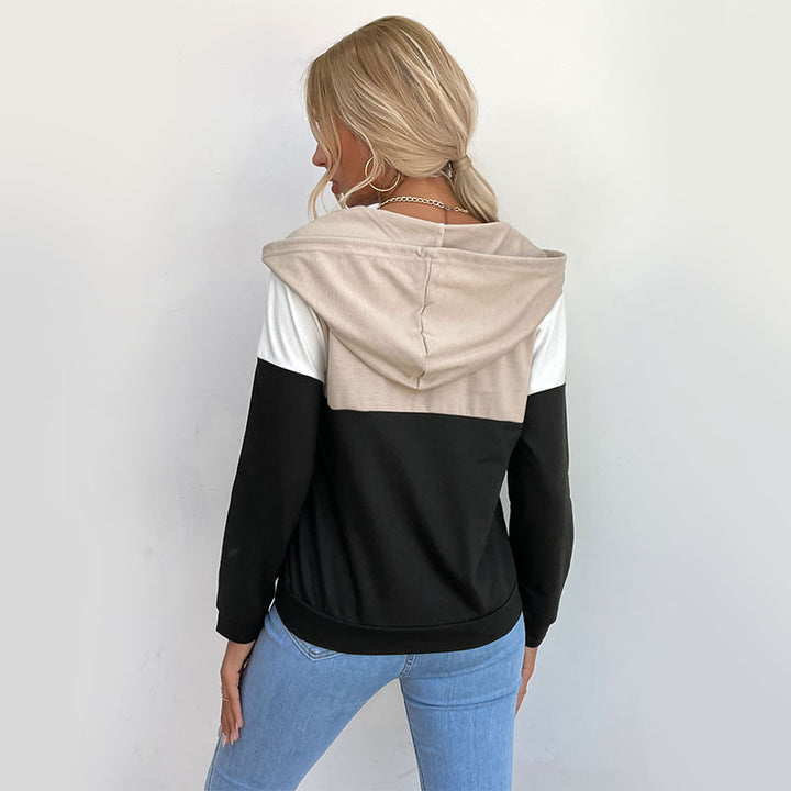 Damen Kapuzenpullover mit halbem Reißverschluss, Colorblock‑Design und Tunnelzug Drune