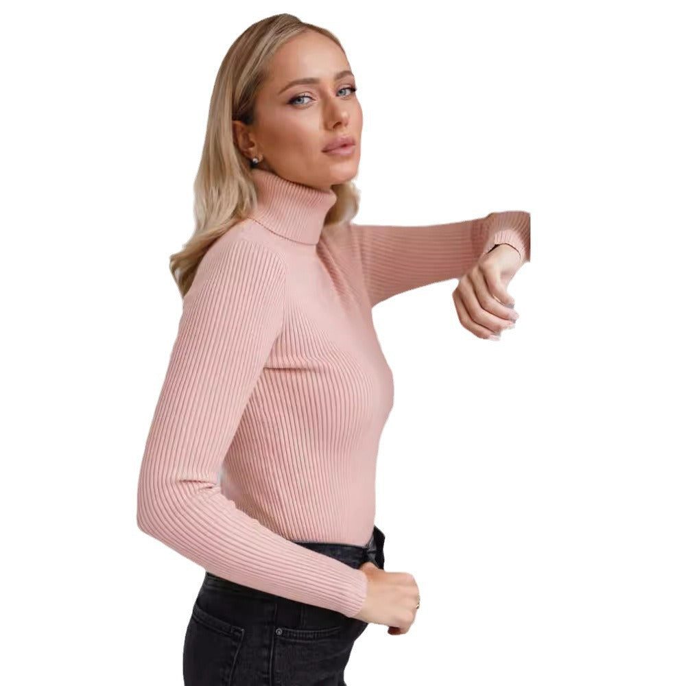 Damen langer Pullover mit hohem Kragen und feiner Rippenstruktur Drune