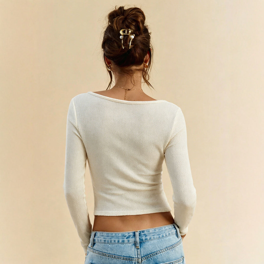 Damen geripptes Waffelstrick-Longsleeve mit U-Boot-Ausschnitt, figurbetonter Passform und Spitzenmanschetten Drune