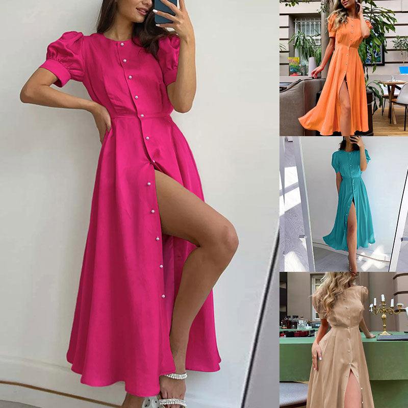 Damen Knielanges Hemdblusenkleid mit Knöpfen und seitlichem Schlitz Drune
