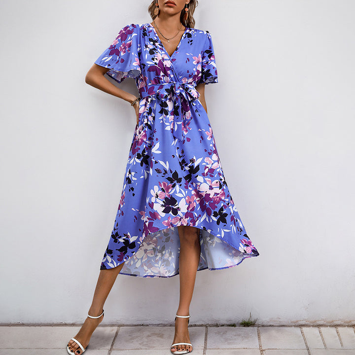 Damen Leichtes Chiffon-Midikleid Wickeloptik mit V-Ausschnitt, Taillenband und asymmetrischem Zipfelrock Drune