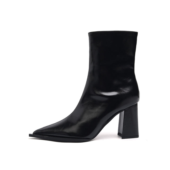 Damen spitz zulaufende Stiefeletten aus Glattleder mit sculpted Blockabsatz und seitlichem Reißverschluss Drune