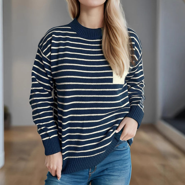 Damen lässiger Strickpullover mit breitem Streifenmuster und überschnittenen Schultern Drune