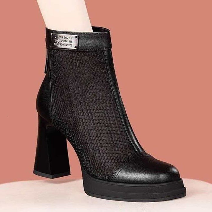 Damen Elegante und modische Stiefeletten mit Netz-Design und Blockabsatz Drune