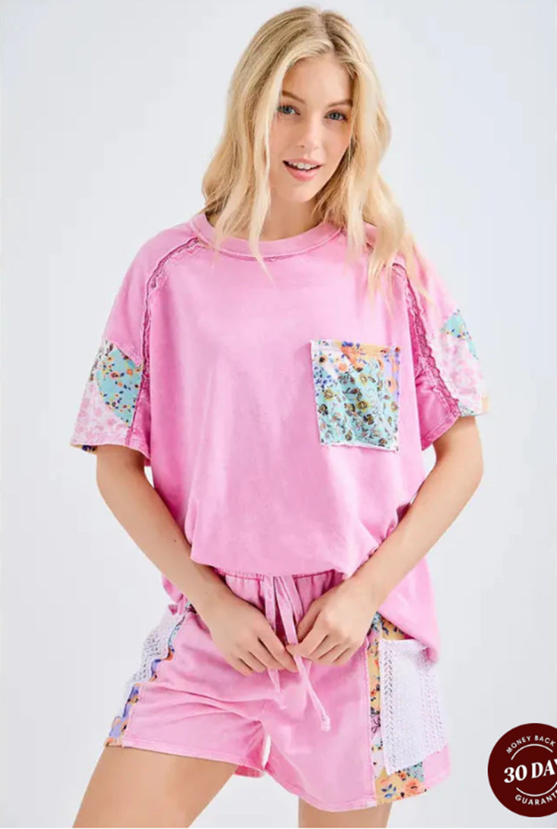 Damen nan lässiges Loungewear-Zweiteiler mit Oversize-Shirt, Kordelshorts, Patchwork-Tasche und Häkelbesatz Drune
