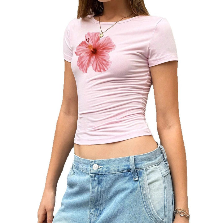 Damen Figurbetontes Kurzarmshirt mit lebhaftem Hibiskus-Motiv Drune