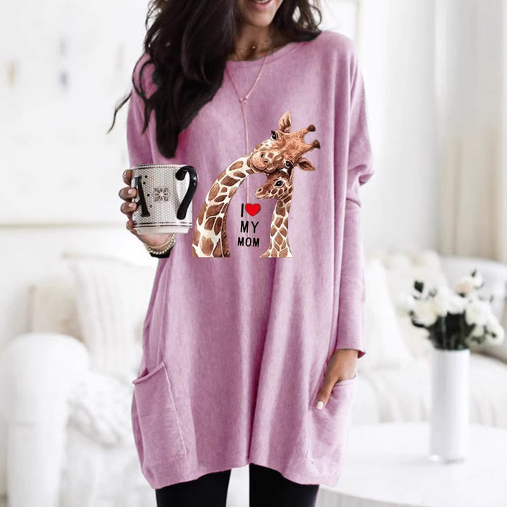 Frauen Übergroße Sweatkleid mit Giraffenmuster, Rundhalsausschnitt und Seitentaschen Drune