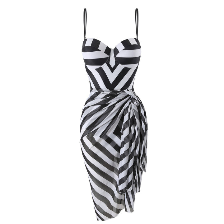 Damen Abendkleid mit raffiniertem Wickeldesign und gestreiftem Oberteil Drune