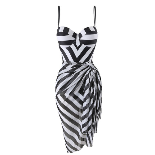 Damen Abendkleid mit raffiniertem Wickeldesign und gestreiftem Oberteil Drune