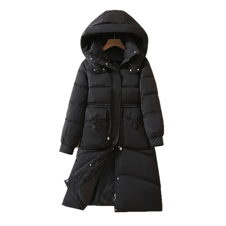 Damen Lange, warme Pufferjacke mit praktischen Taschen und Kapuze Drune