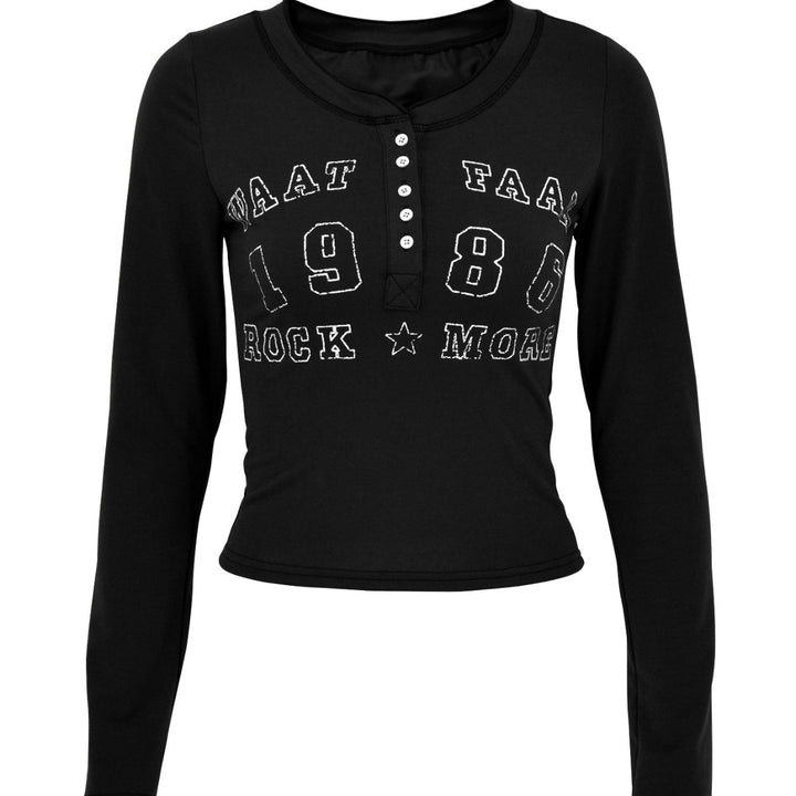 Damen Langarm T-Shirt mit modischem Druck und Knopfverschluss Drune