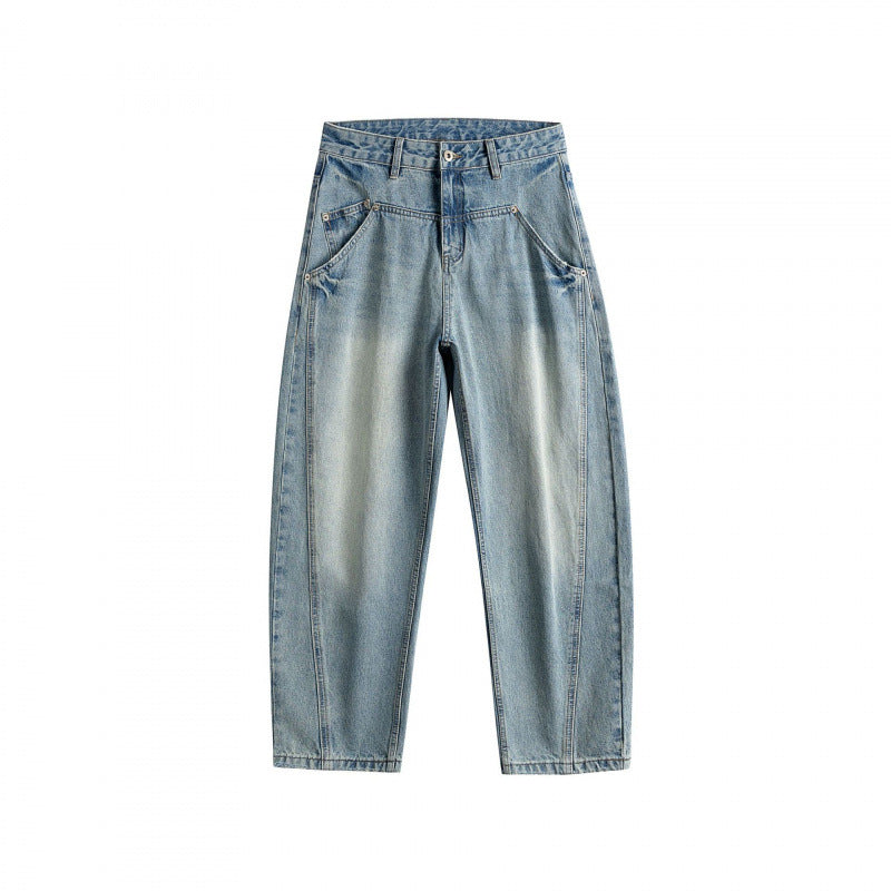 Damen High‑Waist Baggy‑Jeans mit vorgeformten Eingrifftaschen und heller Used‑Waschung Drune