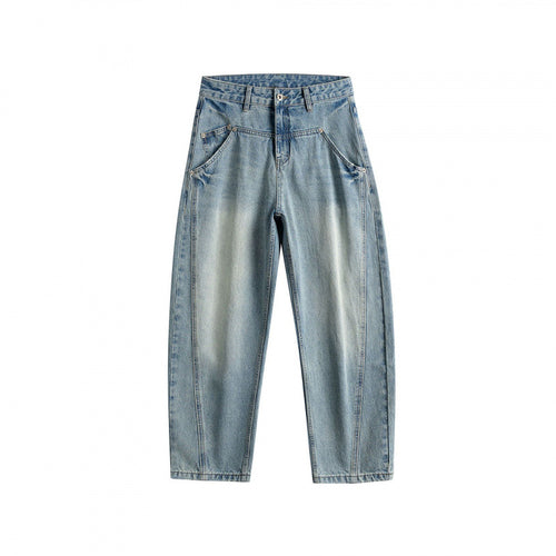 Damen High‑Waist Baggy‑Jeans mit vorgeformten Eingrifftaschen und heller Used‑Waschung Drune