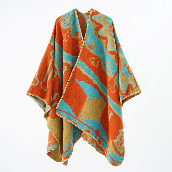 Damen Statement-Capeponcho aus jacquardgewebtem Wollmix mit Skull- und Knochenmuster Drune