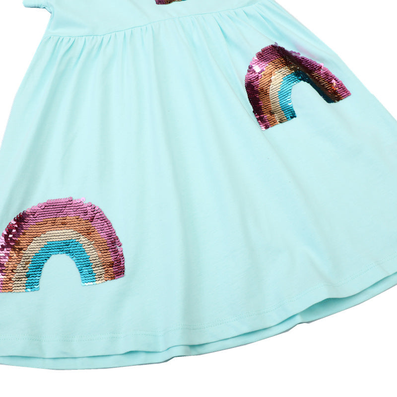 Mädchen Kurzarm-T-Shirt Kleid mit buntem Glitzer-Regenbogen Design Drune