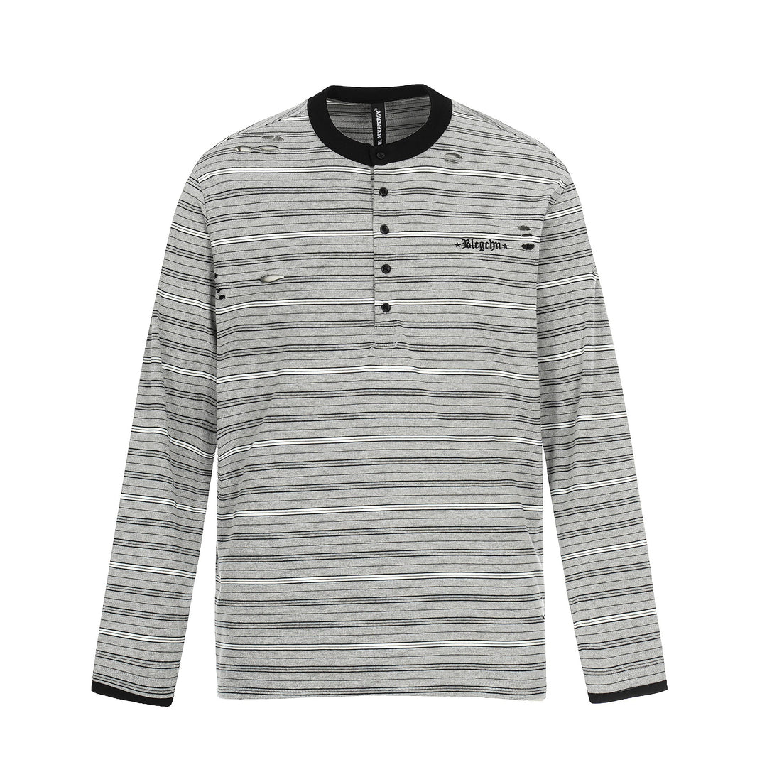 Herren Langarm-Henleyshirt mit Streifenmuster und Distressed-Details Drune