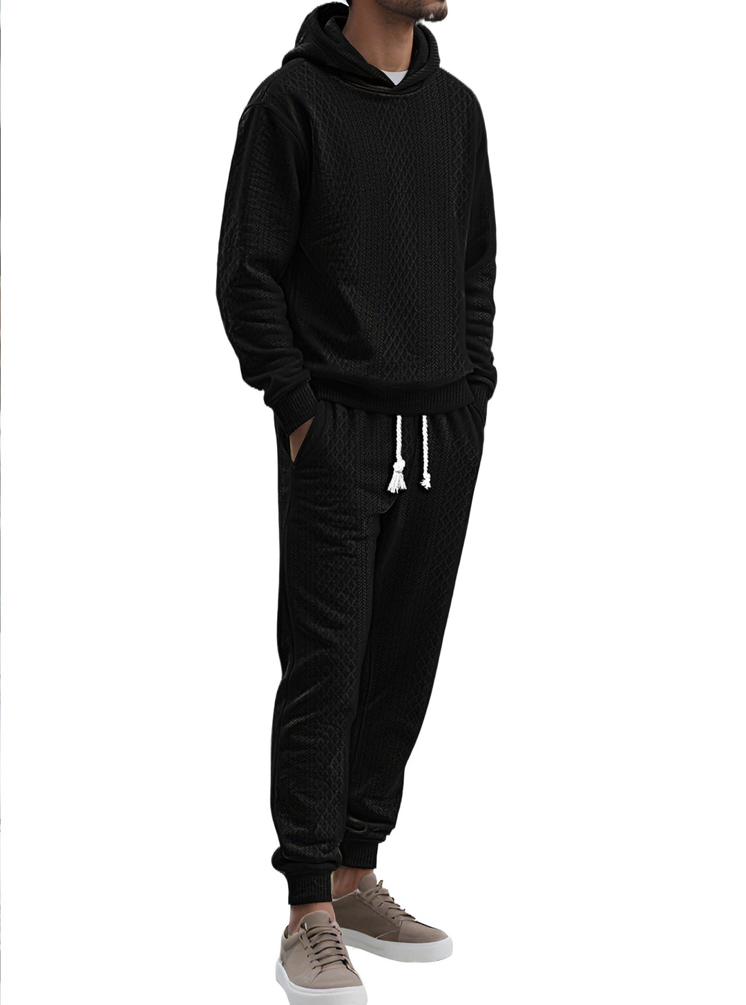 Herren Strukturierter Lounge-Set mit Kapuzenpullover und Jogginghose Drune
