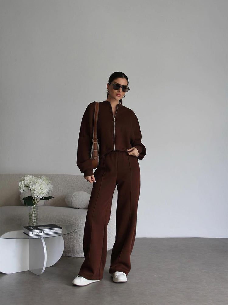 Damen sportive Oversize-Fleecejacke mit diagonaler Reißverschluss-Optik und weit geschnittener High-Waist-Jogginghose Drune