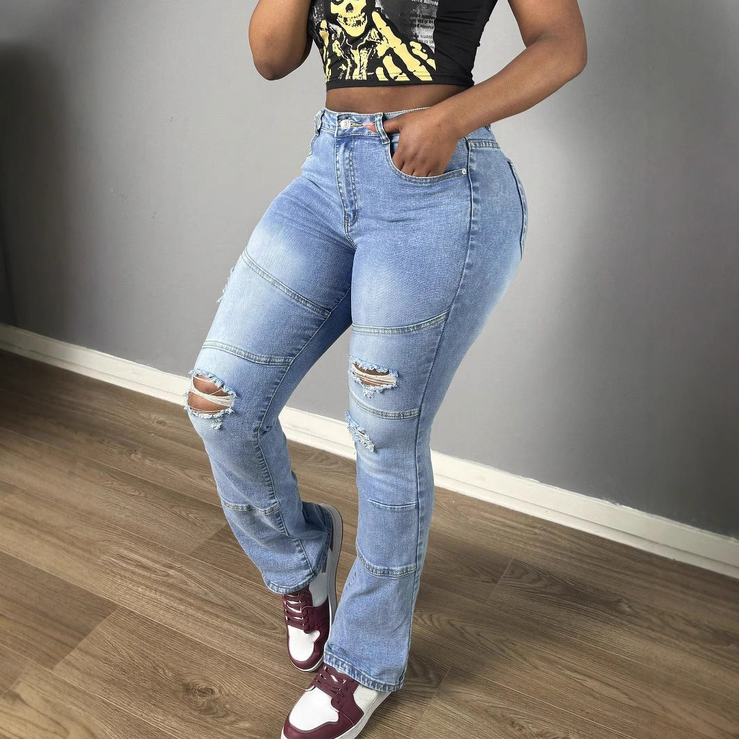 Damen Hochtaillierte Distressed Flared-Jeans mit Paneelnähten Drune