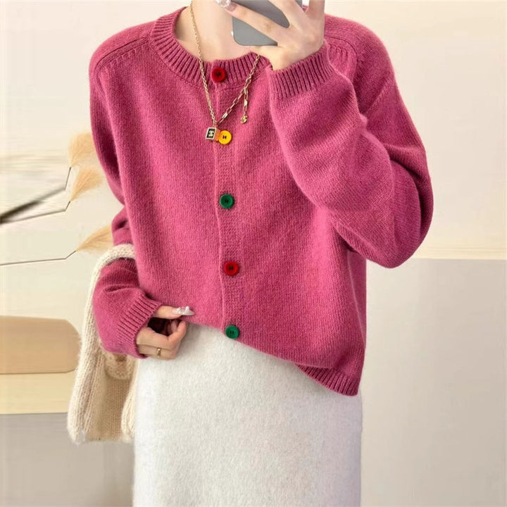Damen kuschelige Strickjacke mit bunten Knopfdetails und modernem Schnitt Drune
