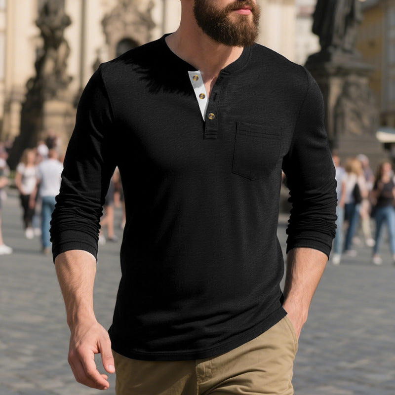 Herren nan schmal geschnittenes Henleyshirt mit Brusttasche und kontrastierender Knopfleiste Drune