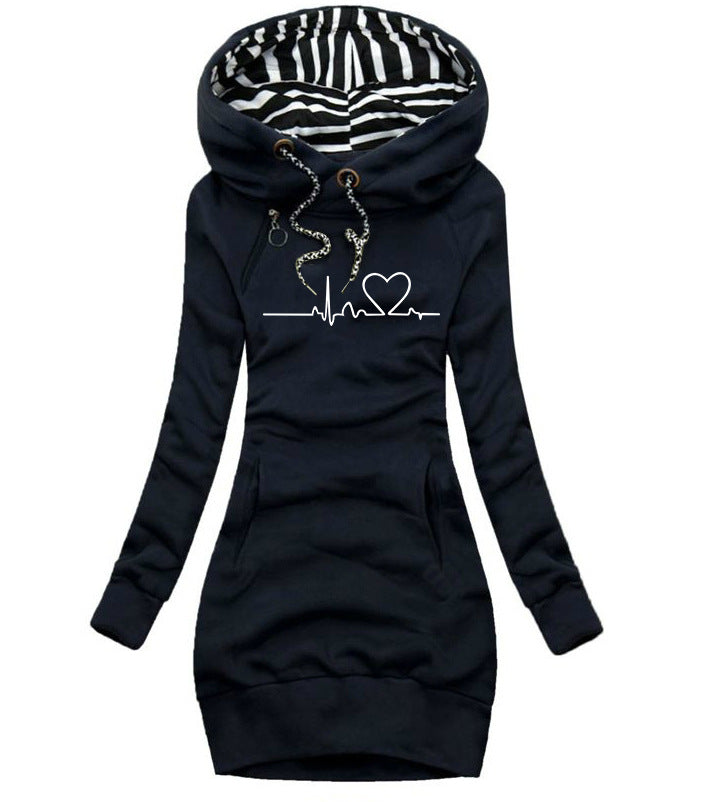 Damen Kapuzen-Sweatkleid mit gestreiftem Kapuzenfutter, Kängurutasche und Herz-EKG-Druck Drune