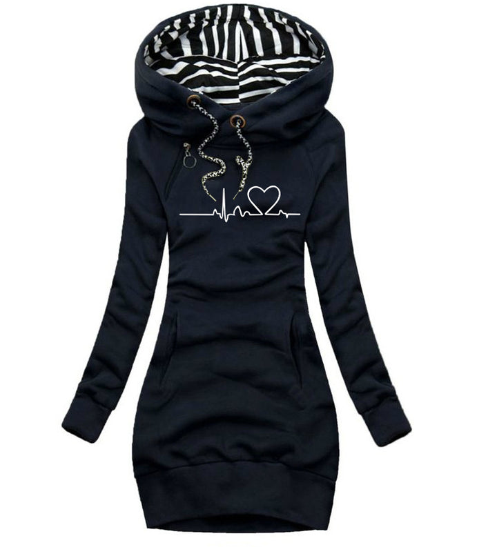 Damen Kapuzen-Sweatkleid mit gestreiftem Kapuzenfutter, Kängurutasche und Herz-EKG-Druck Drune