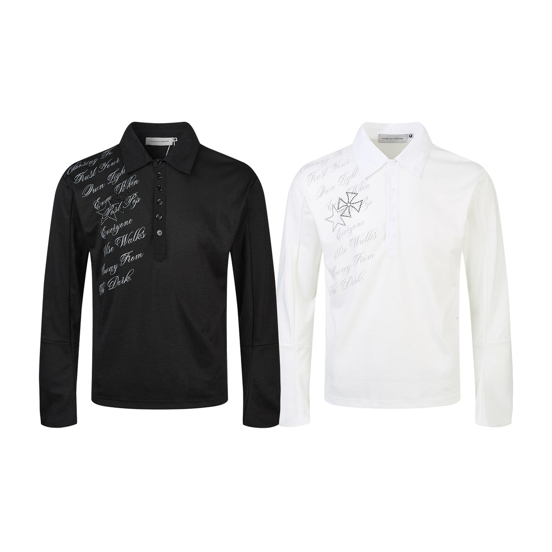 Damen Poloshirt-Langarmshirt mit Hemdkragen, Schriftprint und Strass-Applikation Drune