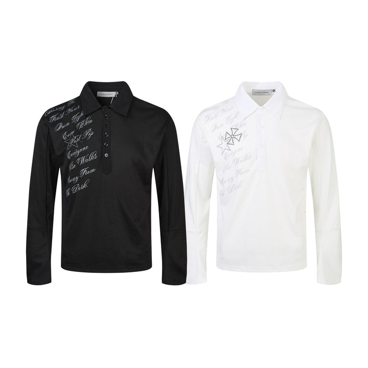 Damen Poloshirt-Langarmshirt mit Hemdkragen, Schriftprint und Strass-Applikation Drune