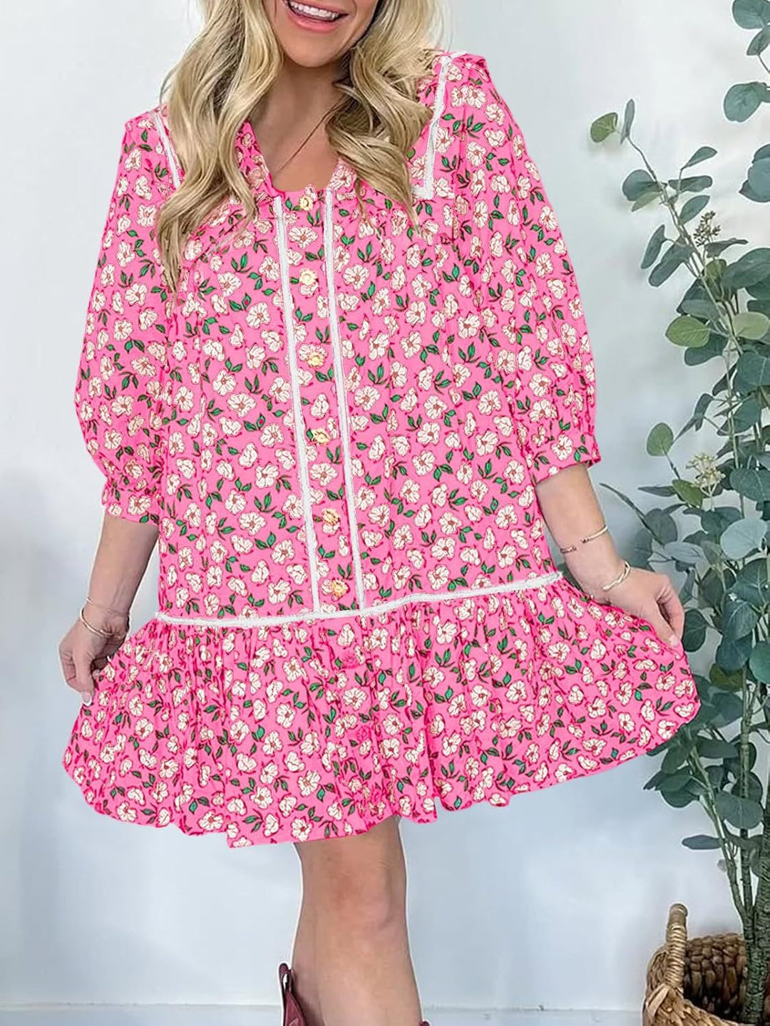 Damen blumiges Kurzarm Kleid mit geräumigen Taschen und romantischem Kragen Drune
