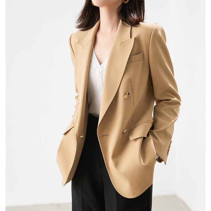 Damen Doppelreihiger strukturierter Blazer mit markantem Revers und Pattentaschen Drune