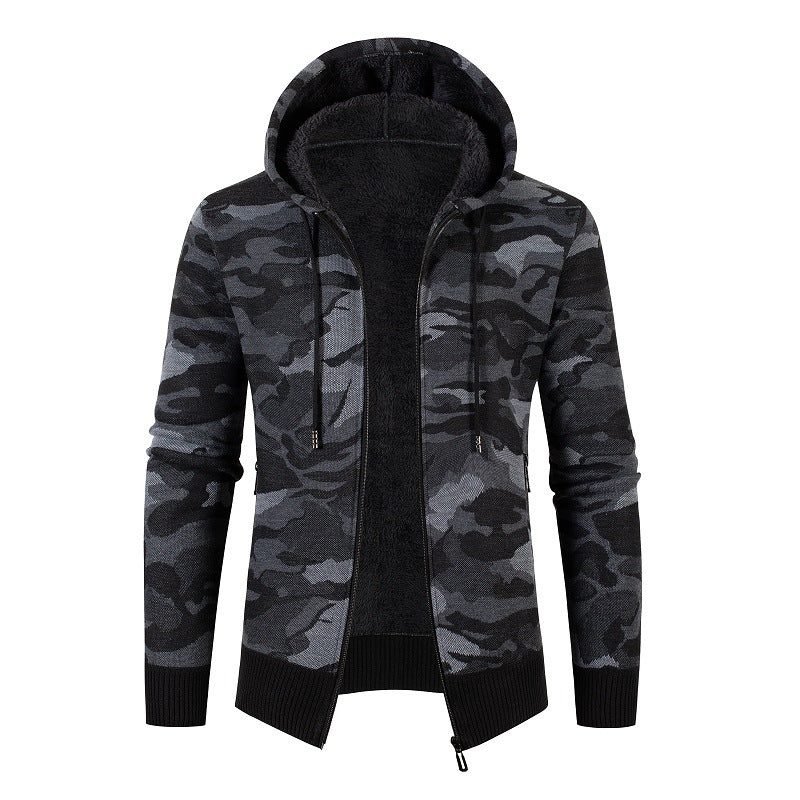 Herren Kapuzen‑Strickjacke mit Teddyfutter, Reißverschluss und Camouflage‑Struktur Drune