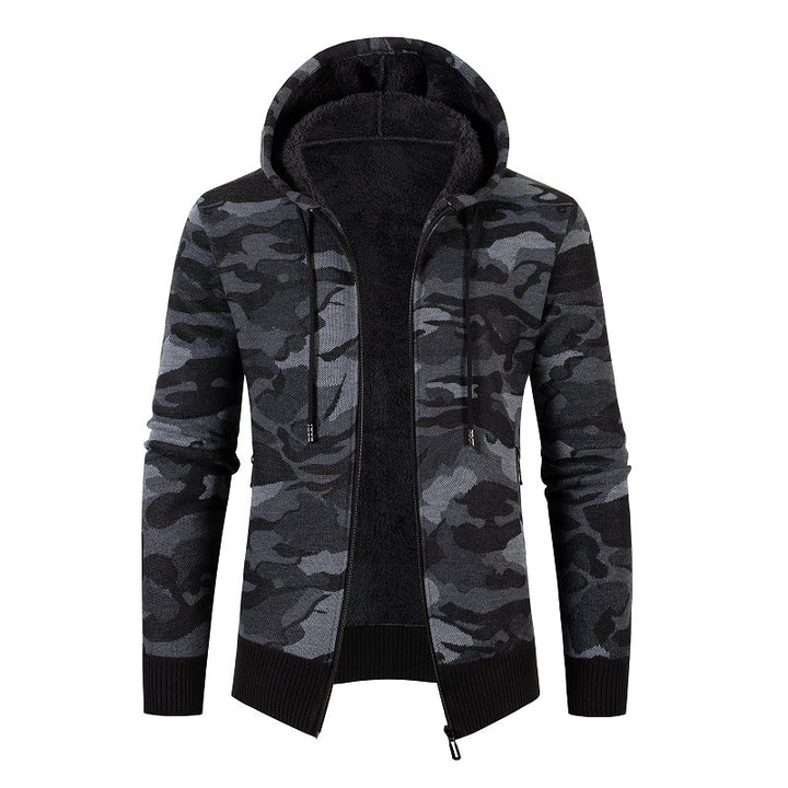 Herren Kapuzen‑Strickjacke mit Teddyfutter, Reißverschluss und Camouflage‑Struktur Drune